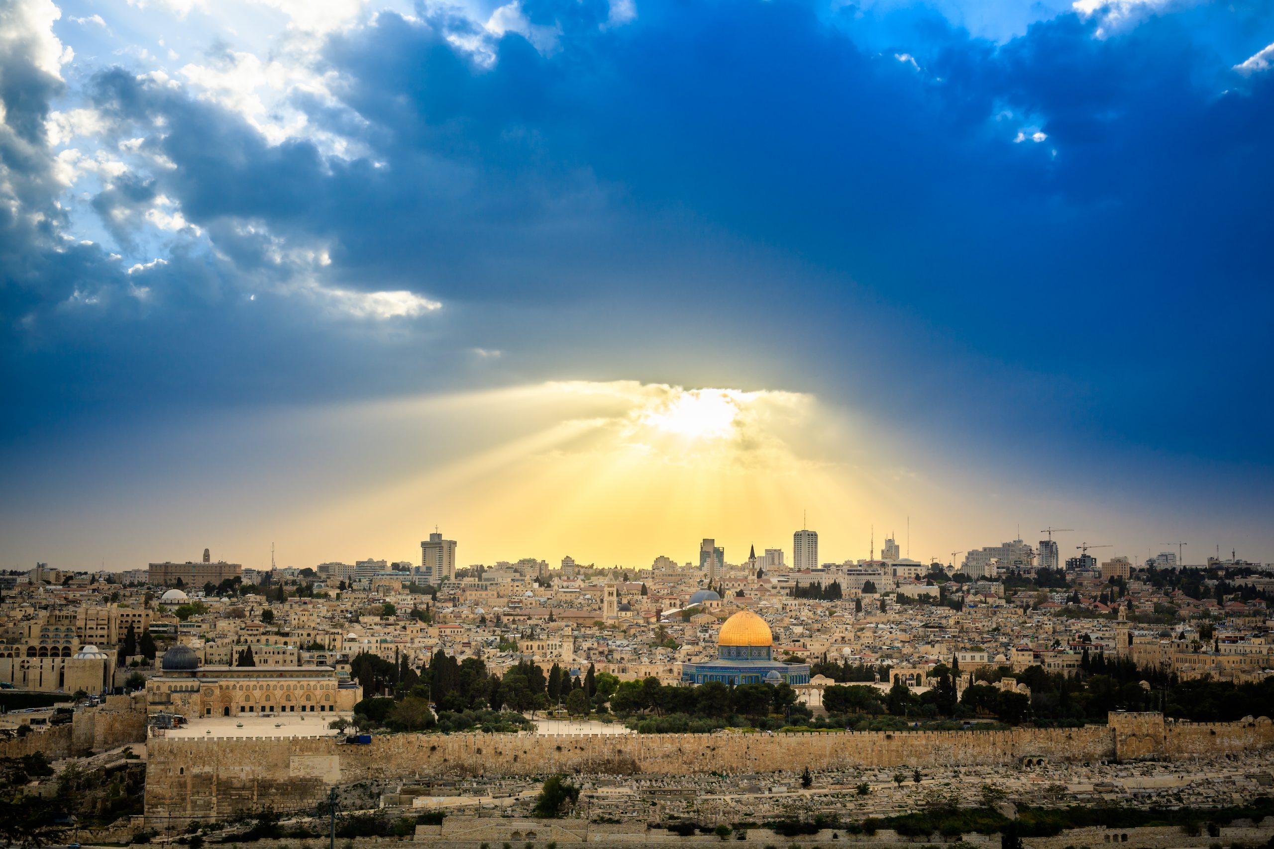 Dramatic sky over Jerusalem, view from the Olive Mountain, taken shortly before a thunderstorm